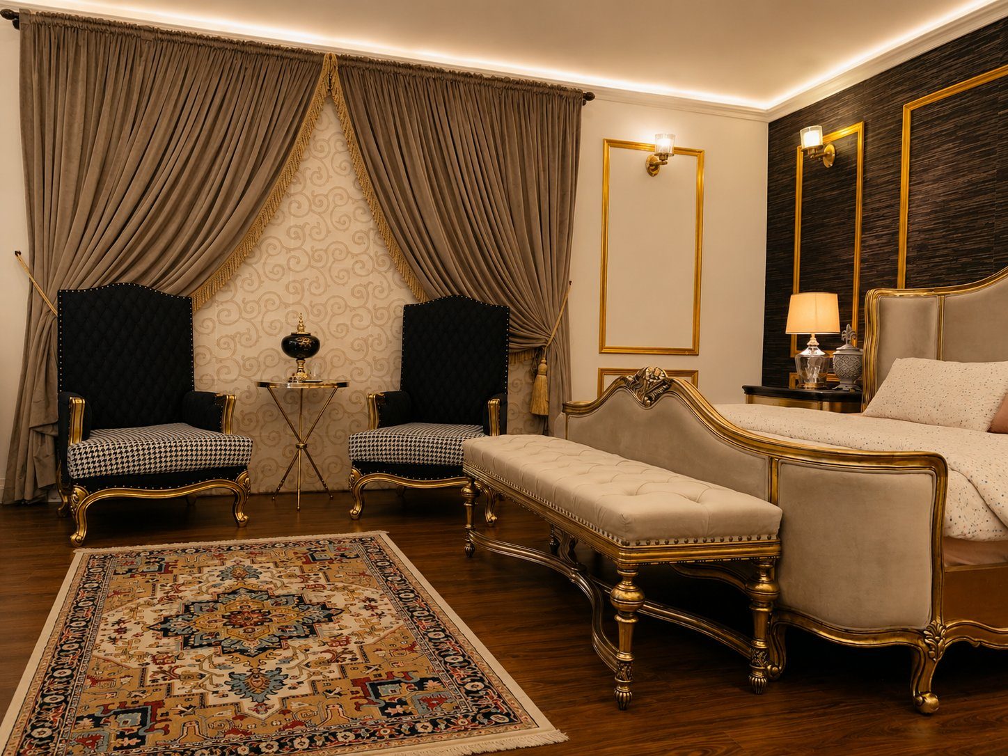 Tamachi bedroom dark wallpaper wall with twin black wingback chairs