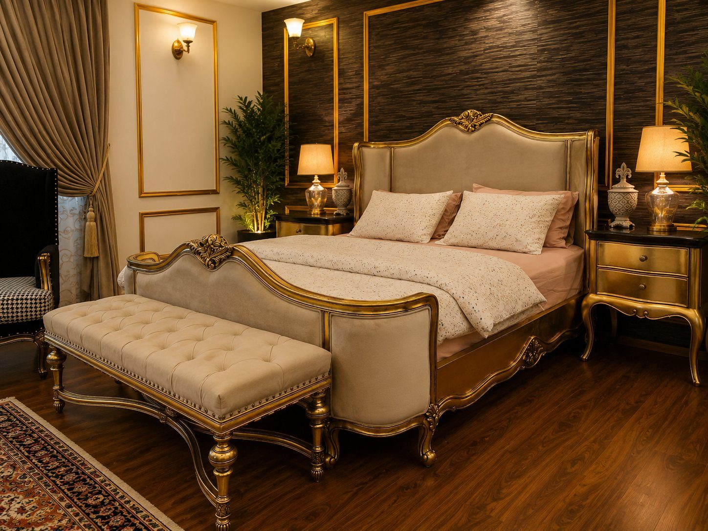 Tamachi bedroom gold upholstered bed with cream linens