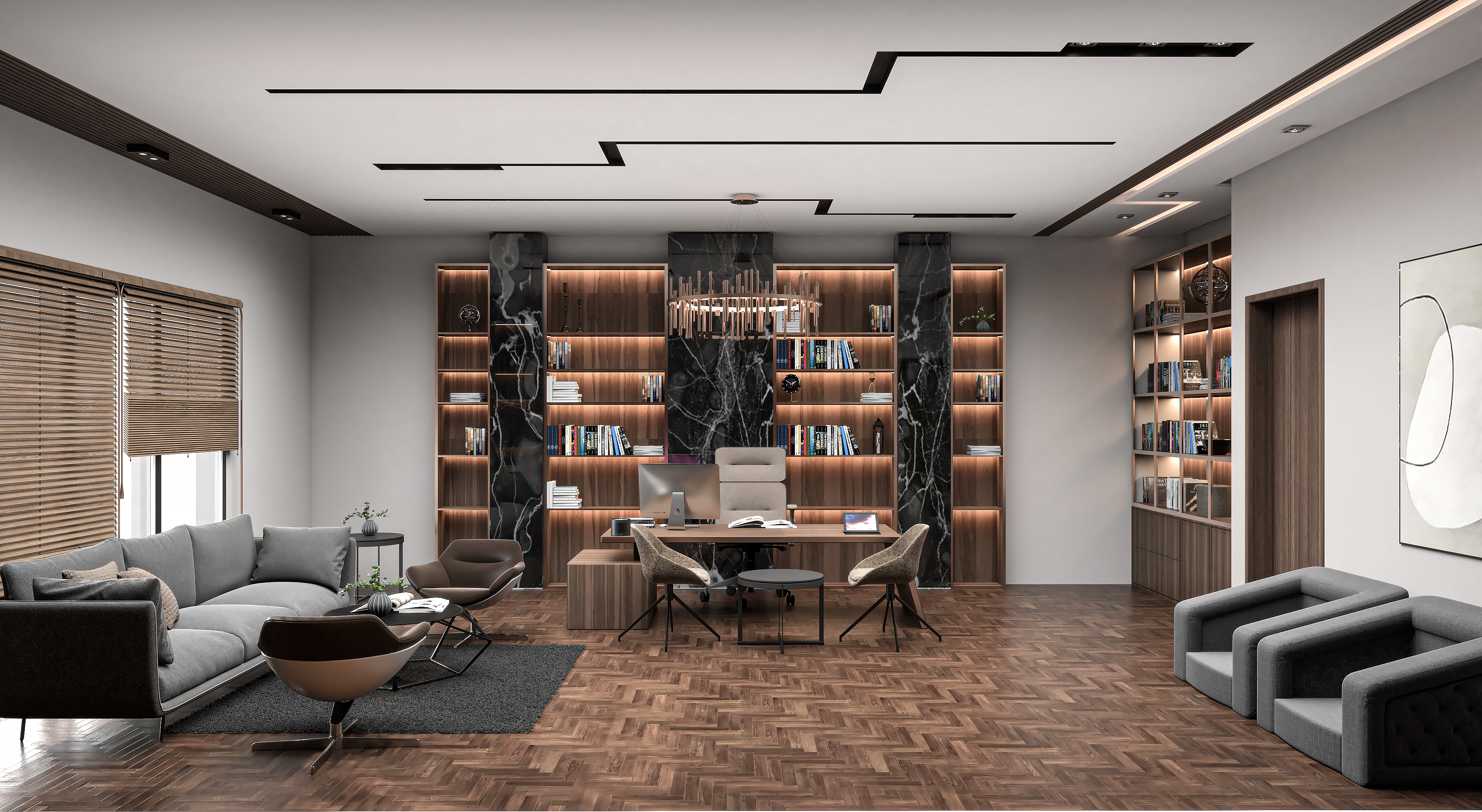 Executive office with floor-to-ceiling book-lined shelving