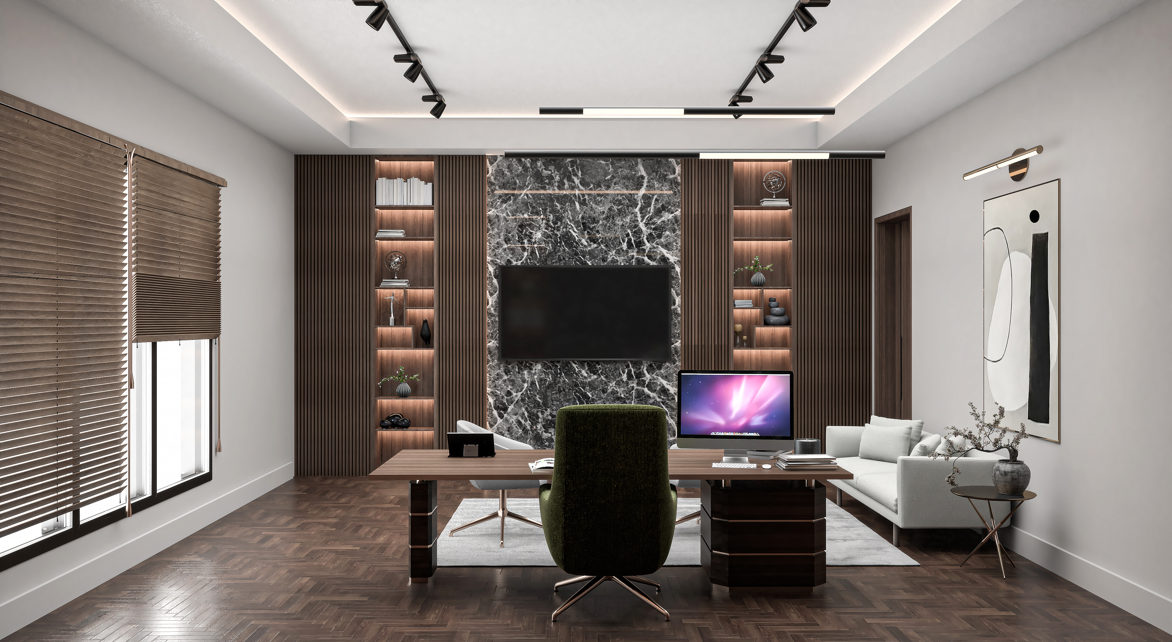 Executive office with a green chair and grey marble feature wall