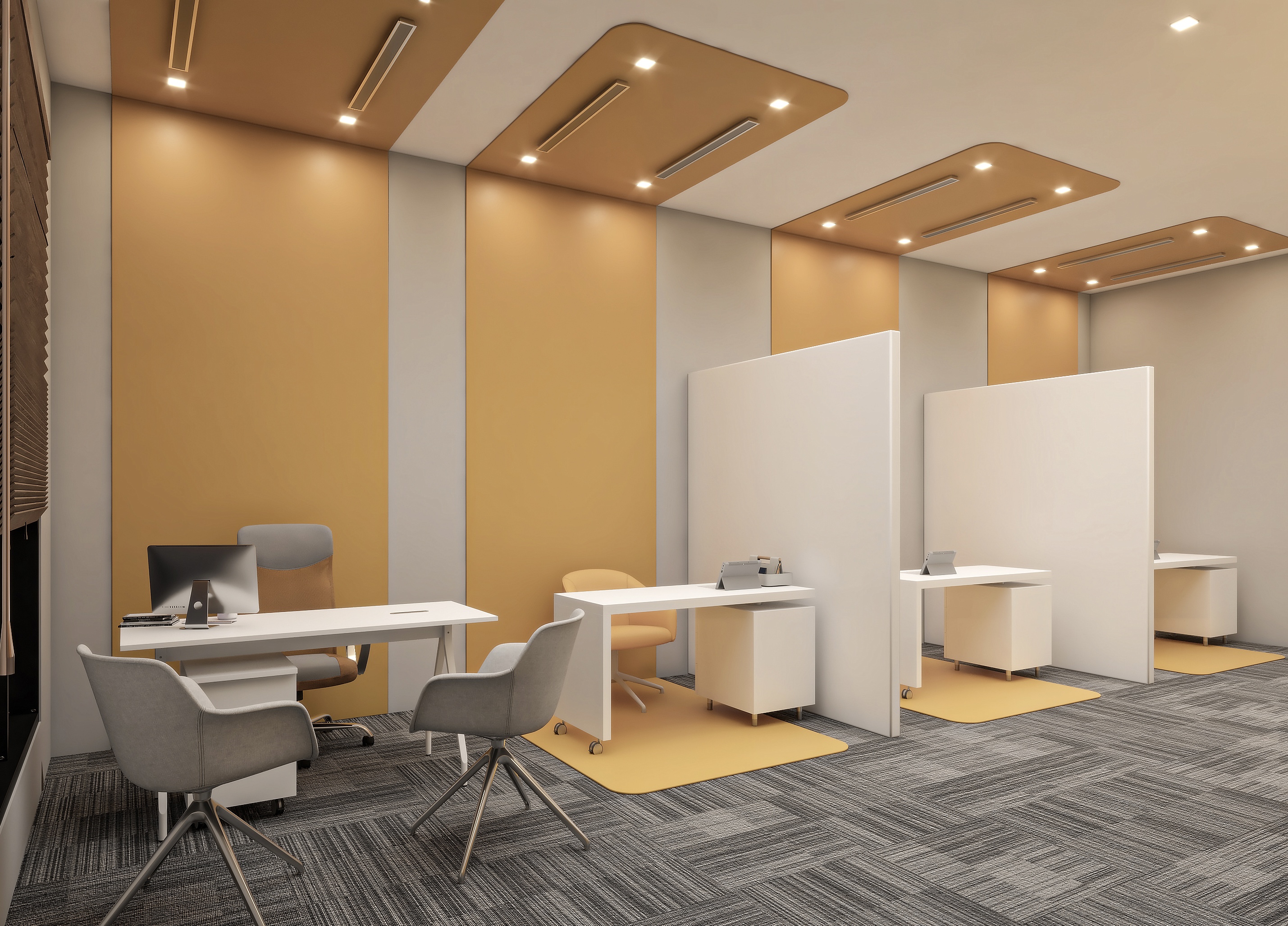 Open-plan workstations with mustard and grey panelled walls