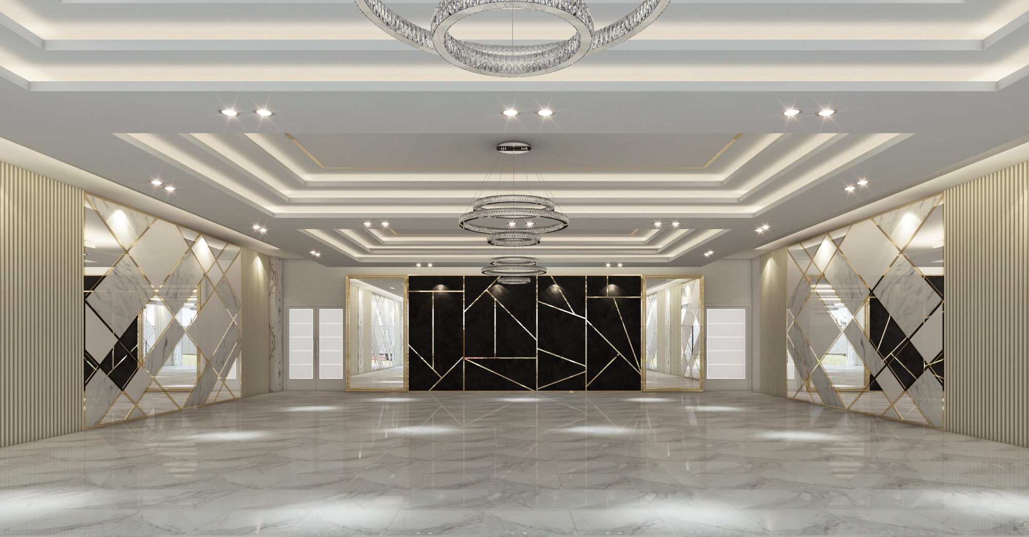 Contemporary ballroom with ring chandeliers and a black-and-gold feature wall