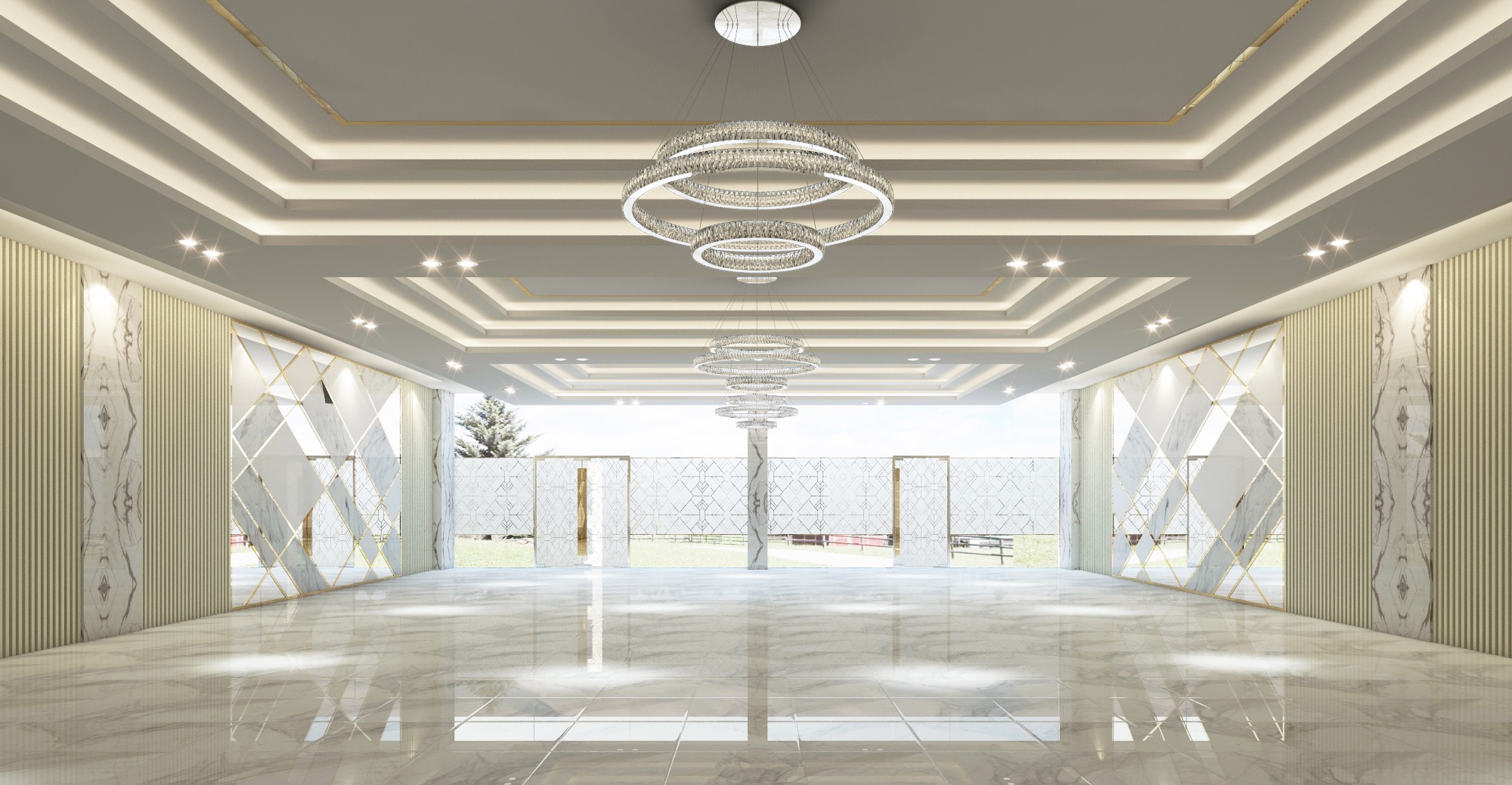 Contemporary ballroom with triple ring chandeliers and a garden view