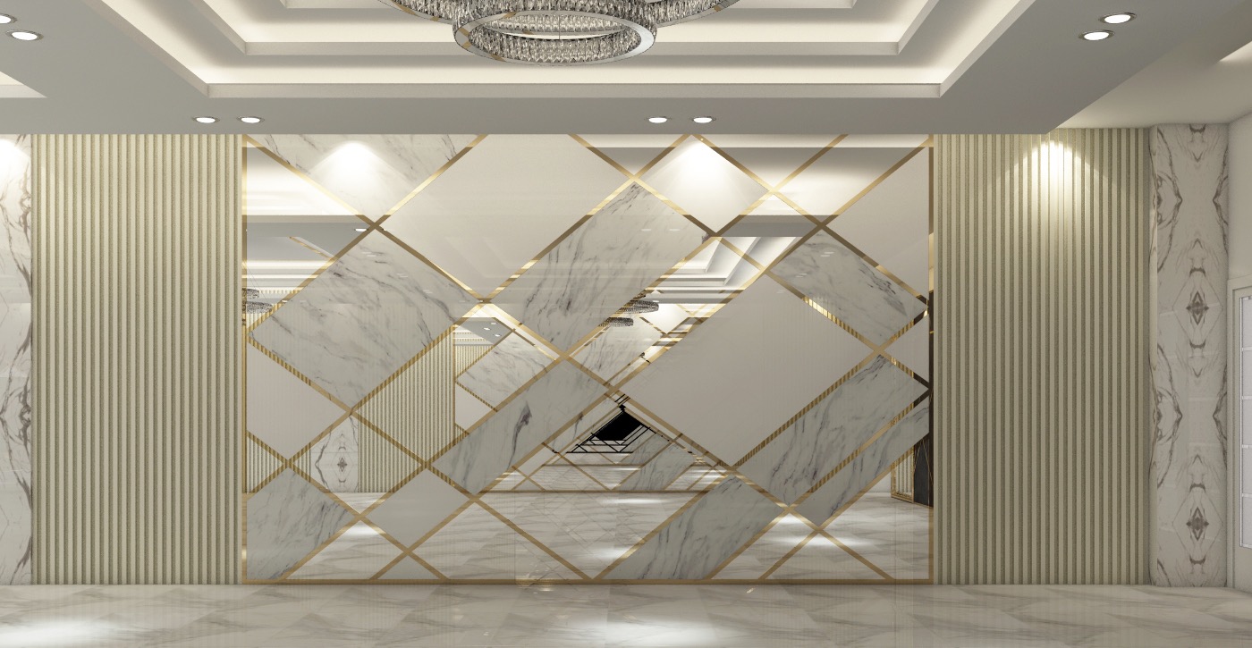 Marble and gold diamond-lattice feature wall