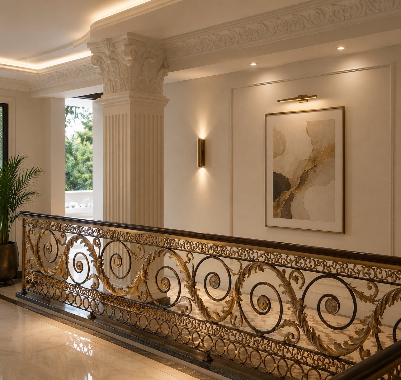 Lobby landing with a Corinthian column and gilded scroll balustrade