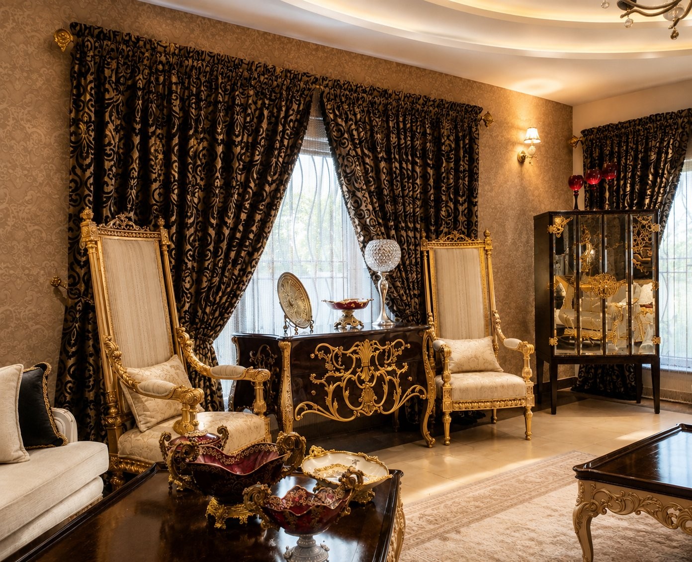 Drawing room with gold high-back chairs, black damask drapes and an ornate console