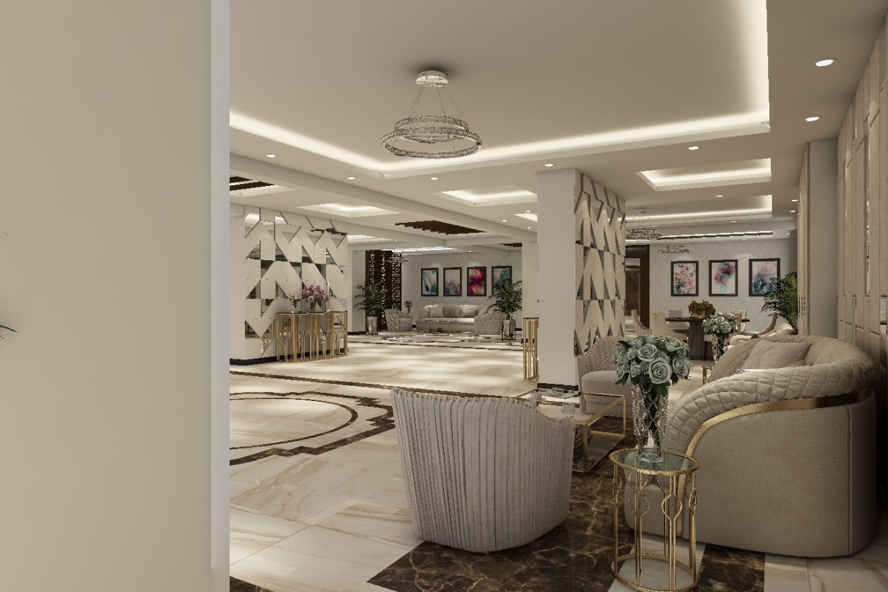 Lounge with a ring chandelier and geometric mirror columns