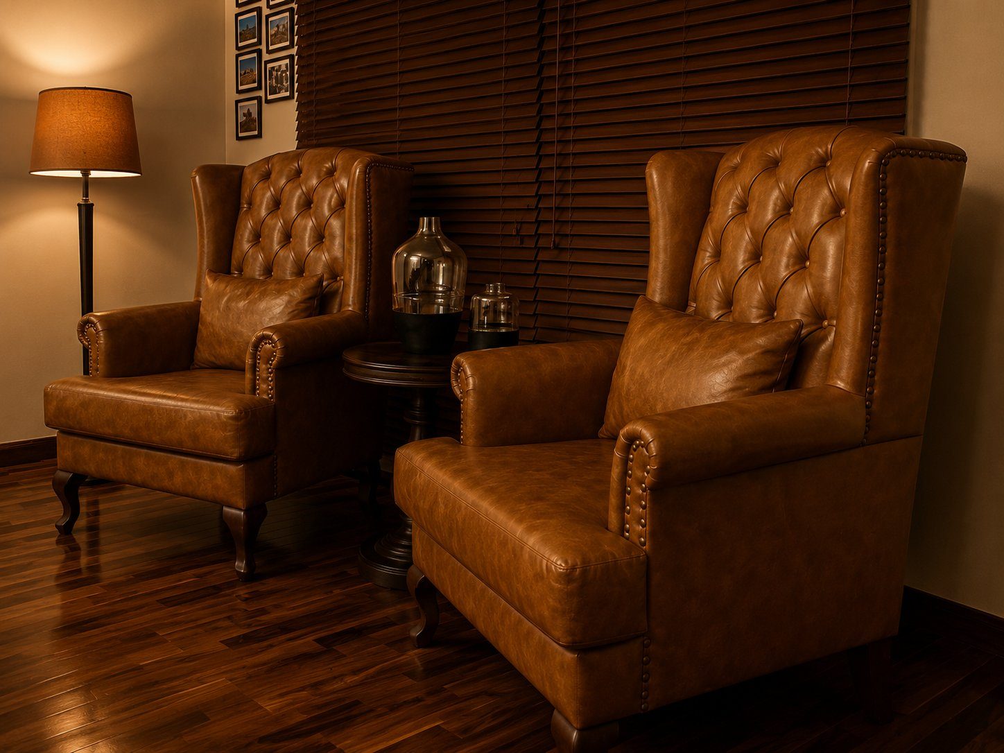Pair of tan leather wingback chairs with reading lamp