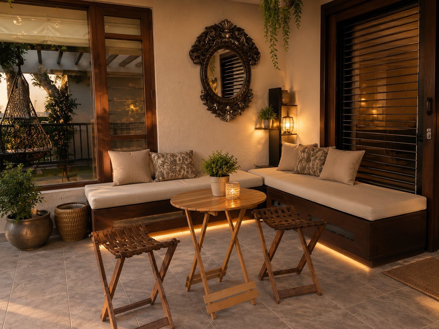 Cosy patio nook with wooden stools, ornate mirror and ambient lighting