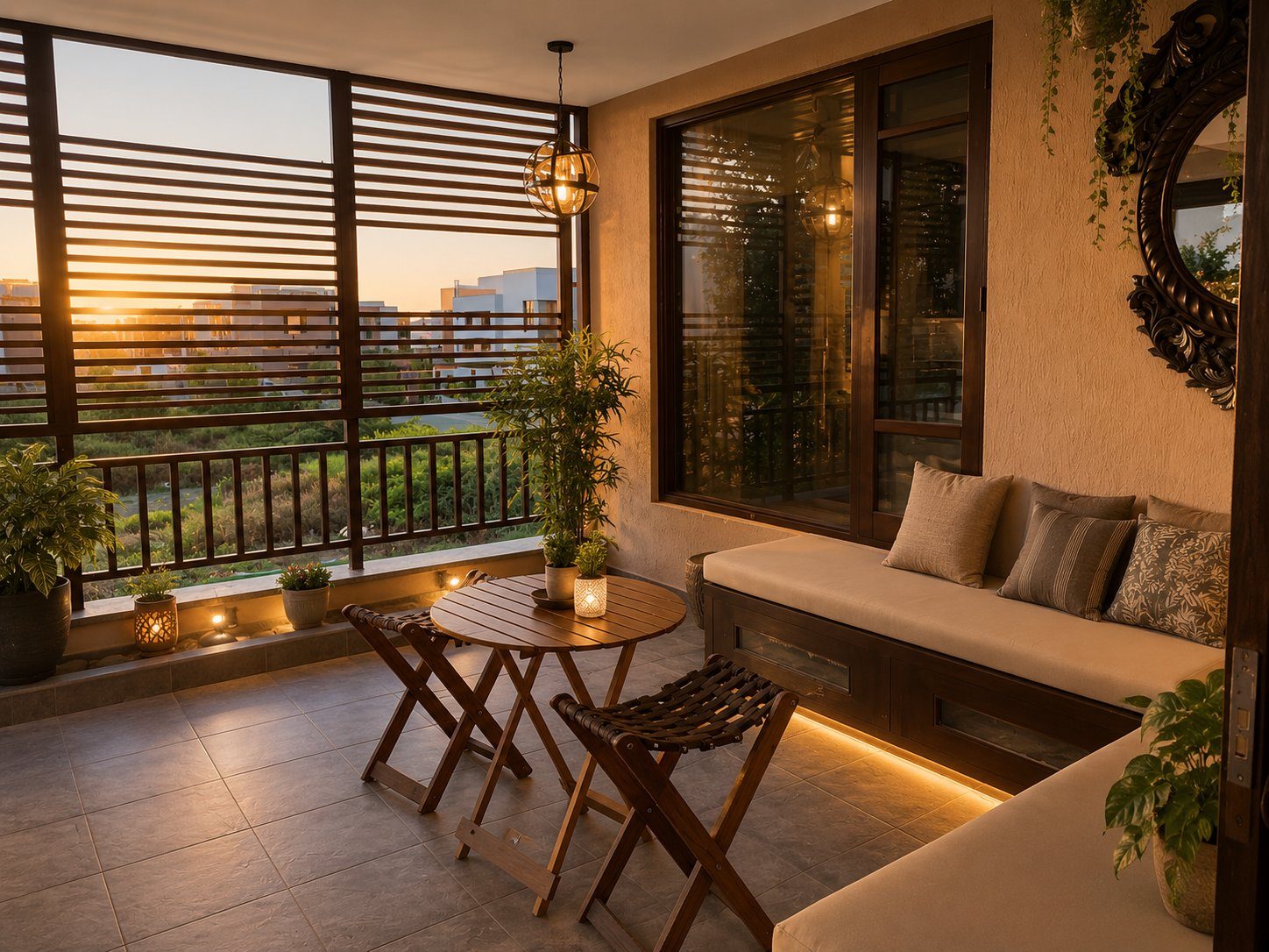 Wooden balcony seating nook with string lights at sunset