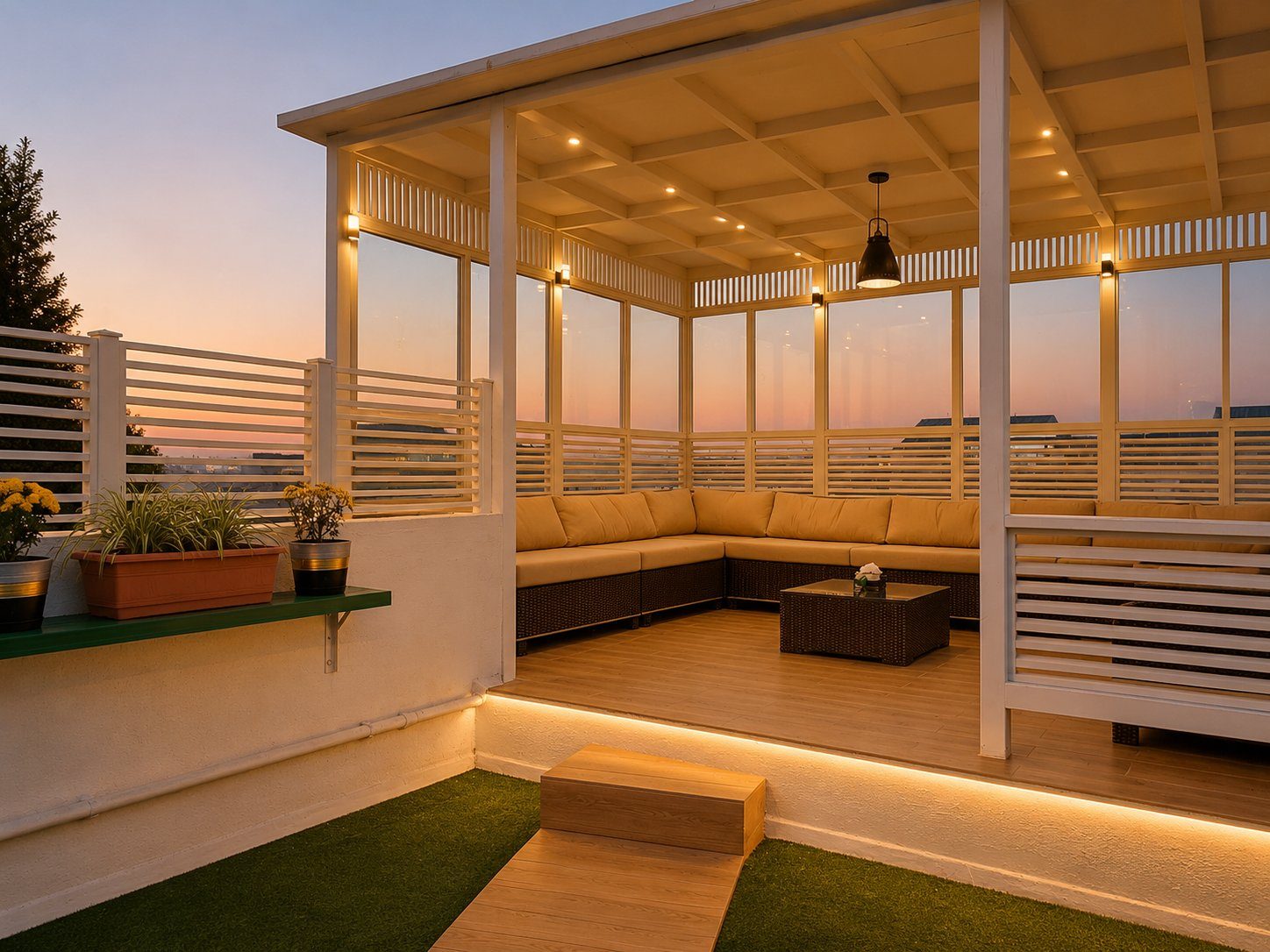 Glazed rooftop pergola lounge with mustard sectional at sunset