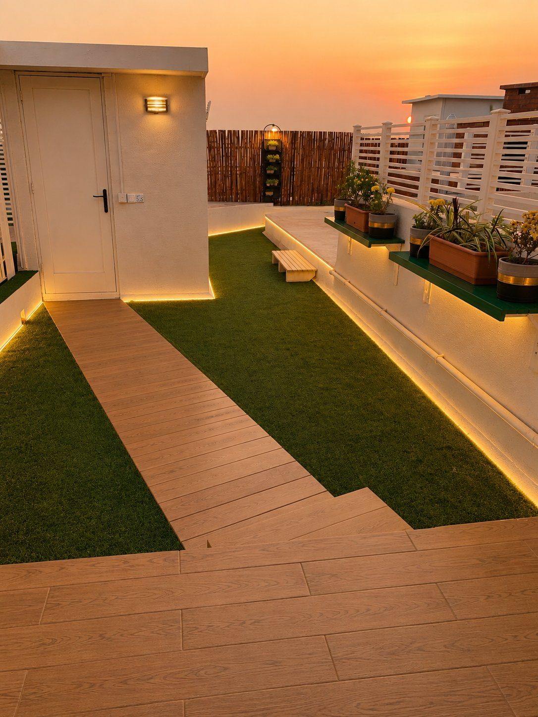 Rooftop walkway with artificial turf and built-in lighting at sunset