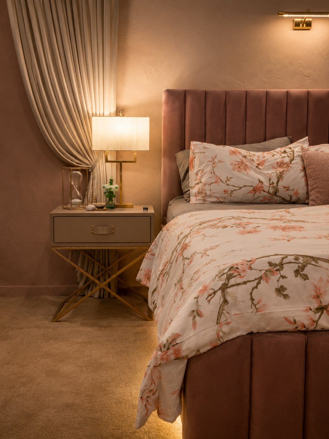 Blush pink velvet bed with floral linens and brass nightstand
