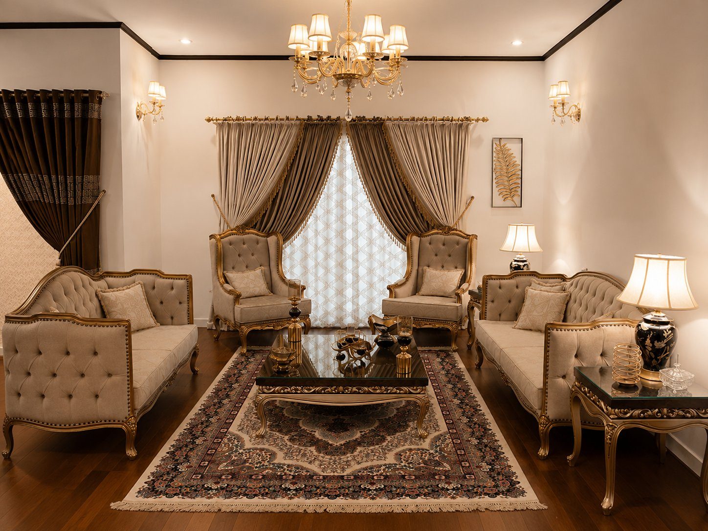 Formal gold drawing room with carved armchairs and crystal chandelier