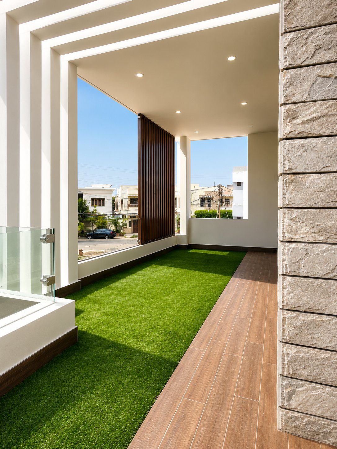 Rooftop terrace with palm trees and stone cladding column