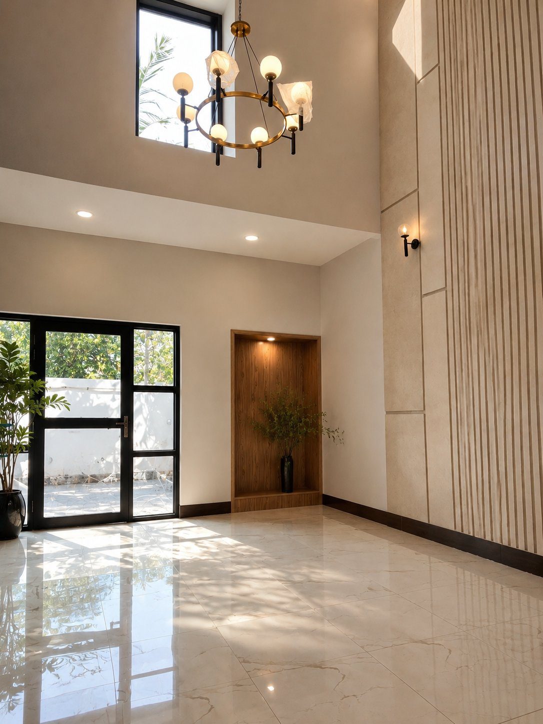 Double-height entry hall with brass ring chandelier and marble floor