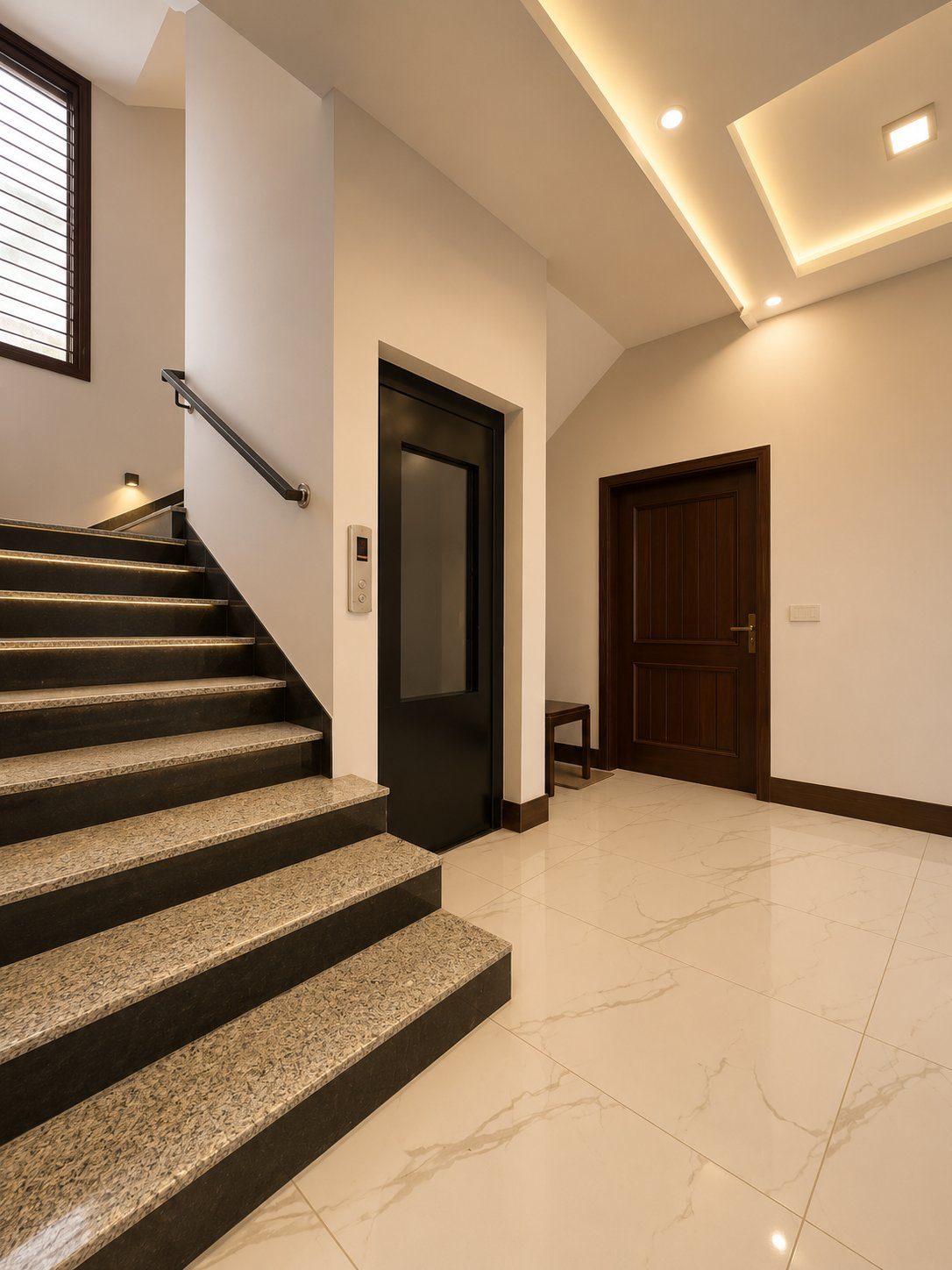 Granite stair detail with black marble risers under warm lighting