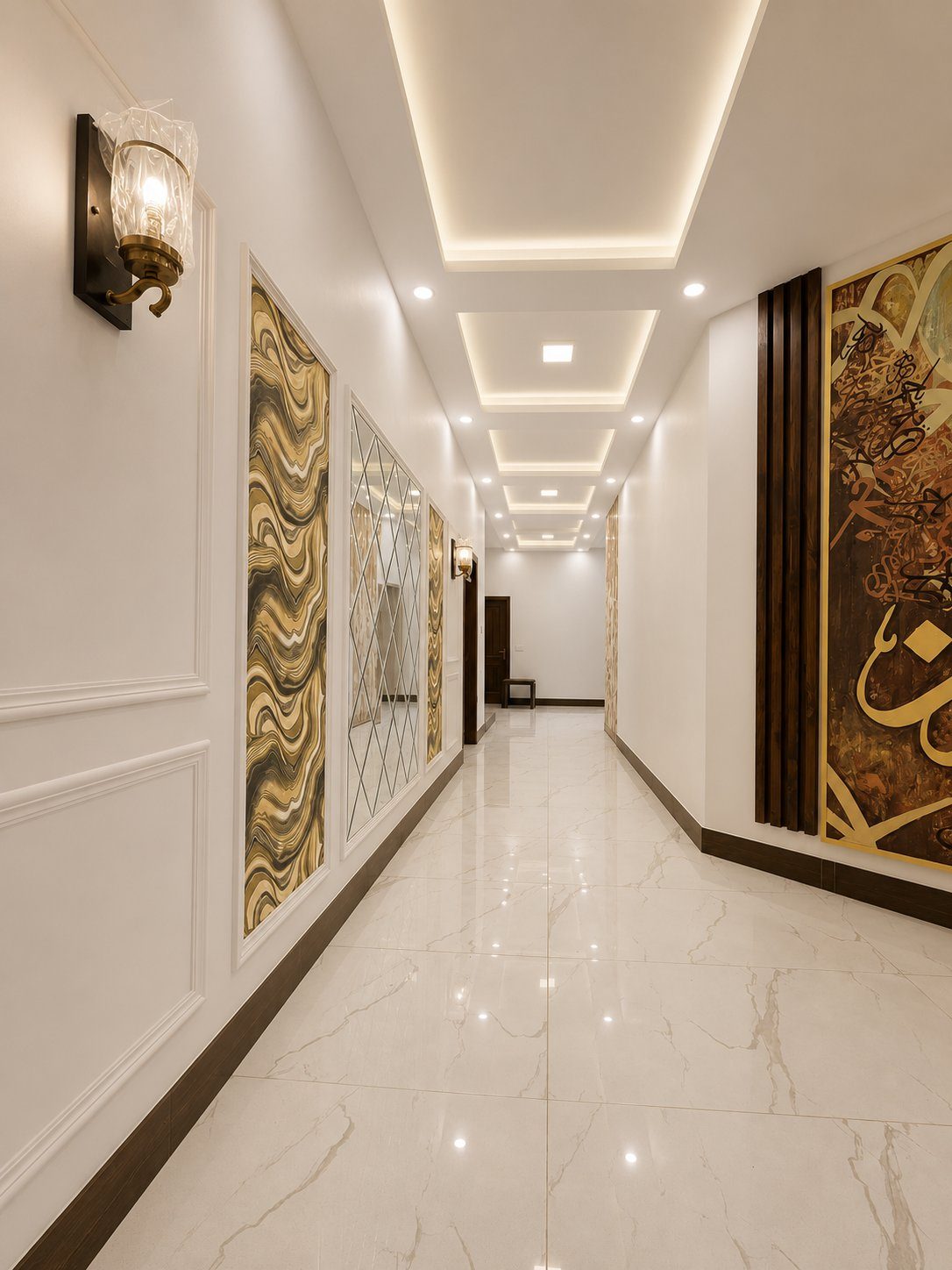 Marble corridor with framed gold artwork panels and a large Arabic calligraphy piece
