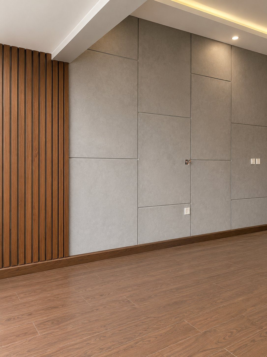 Close detail of grey panel and walnut slat wall feature