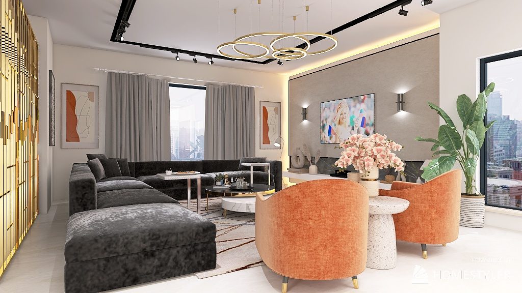 Render of gold and black living room with terracotta sofas