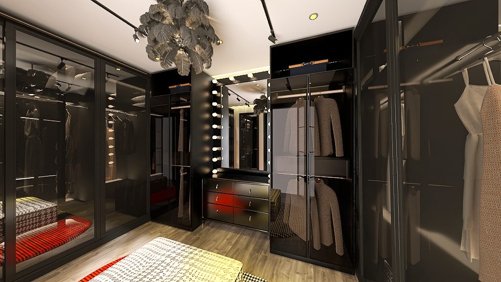 Render of black glass walk-in closet with feather chandelier