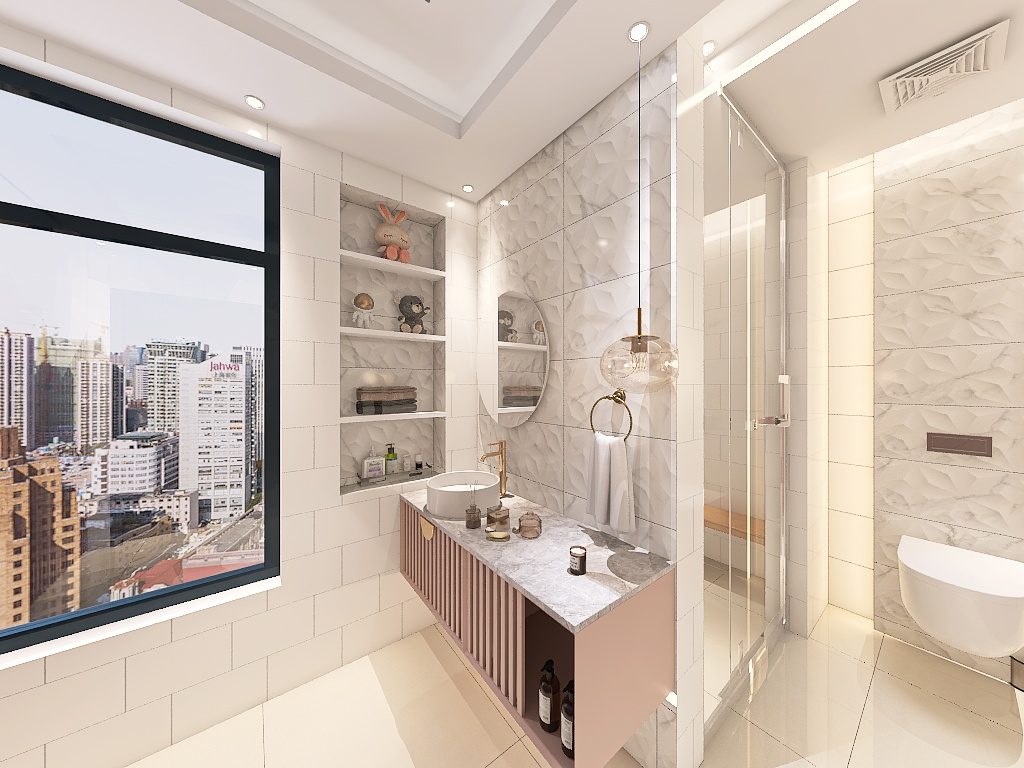 Render of pink and white ensuite bathroom with city view