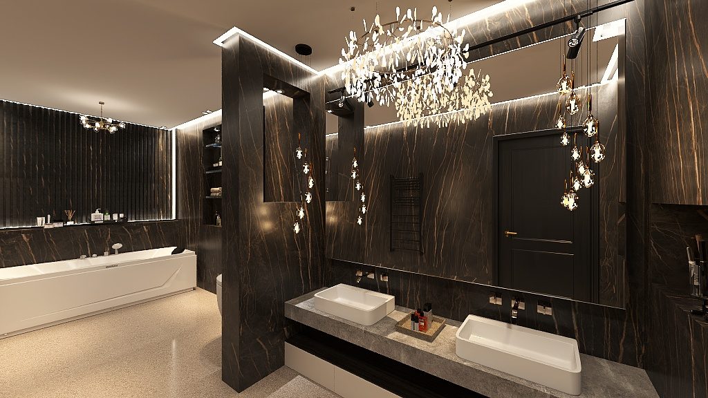 Render of dark marble bathroom with sculptural chandelier
