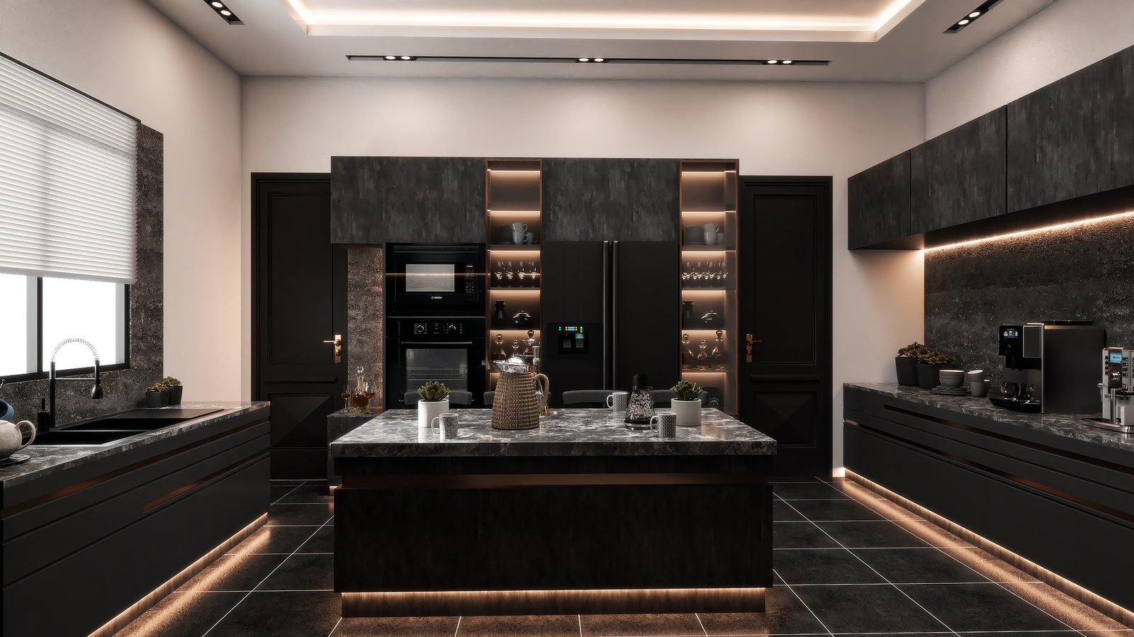 Render of black gourmet kitchen with marble island