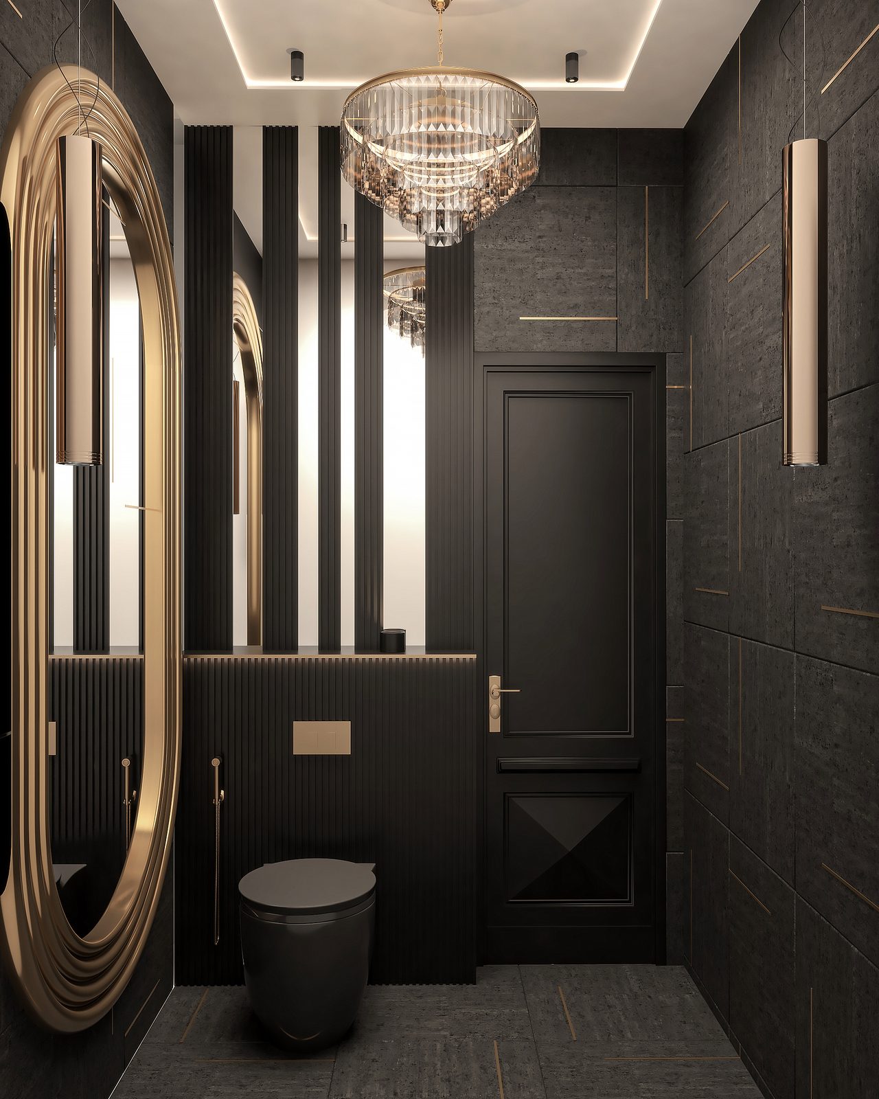 Render of black and gold powder room with crystal chandelier
