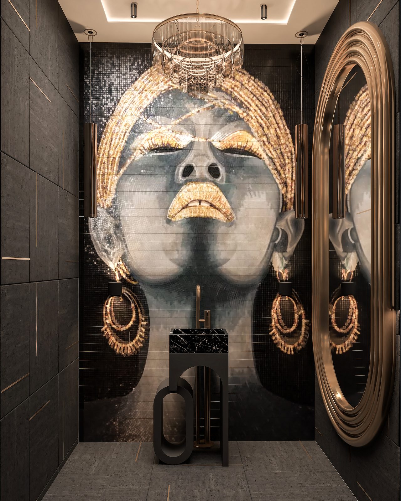 Render of powder room with gold mosaic portrait feature wall