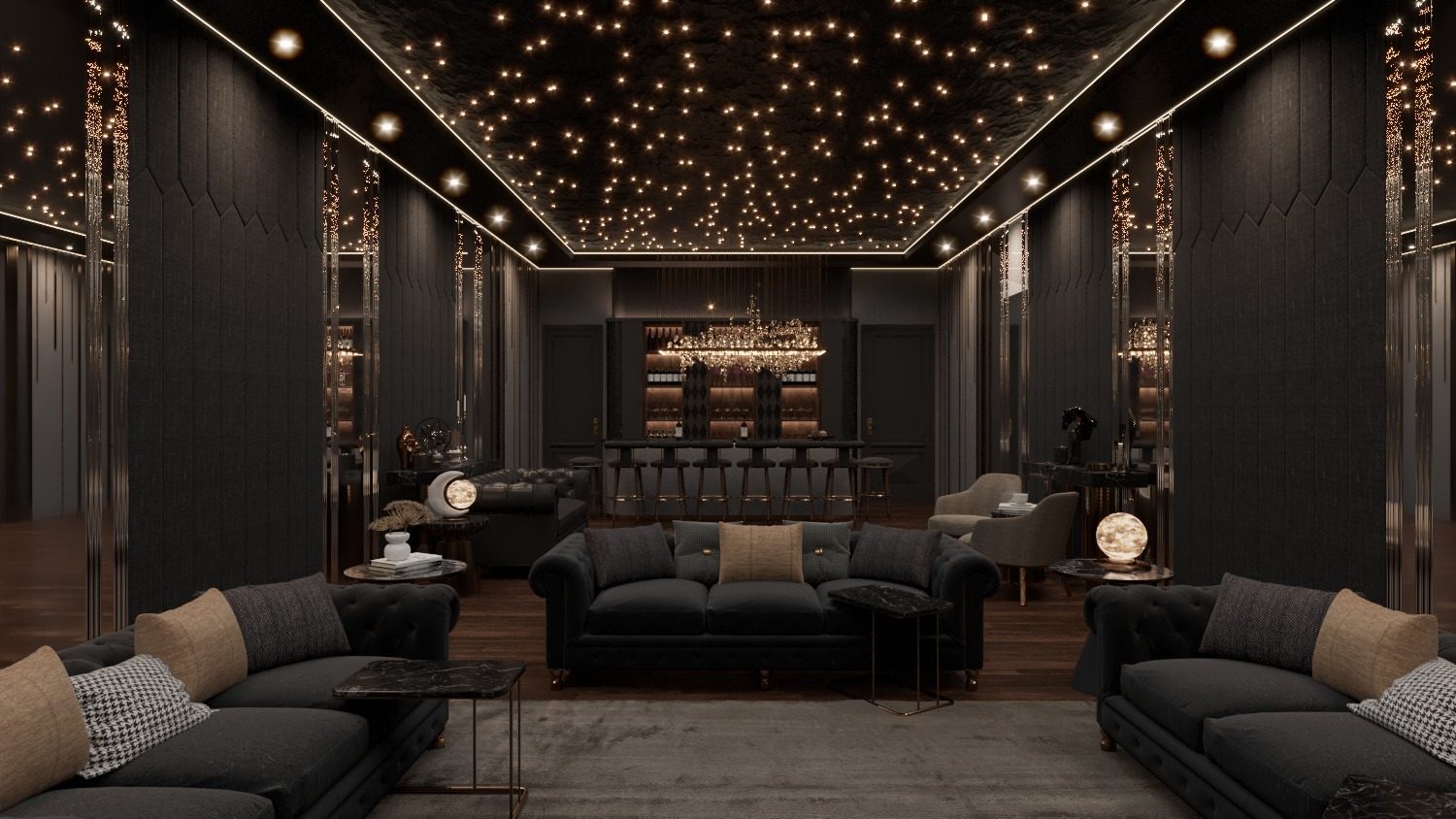 Render of starlit basement lounge with charcoal sofas and bar