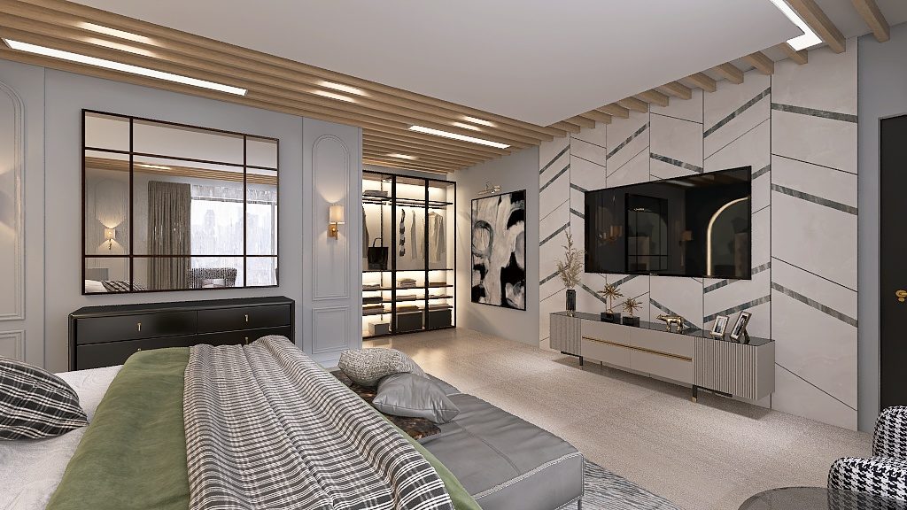 Render of bedroom with glass walk-in wardrobe and chevron TV wall