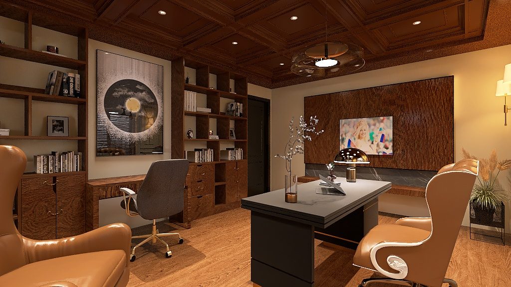 Render of wood-panelled home office with leather chairs